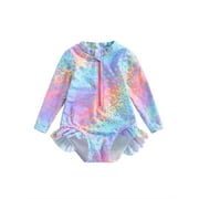 Bagilaanoe Toddler Baby Girl One-Piece Swimsuit Print Long Sleeve Zipper Rashguard Swimwear 12M 18M 24M 3T 4T 5T 6T Kids Ruffle Bathing Suit Beachwear