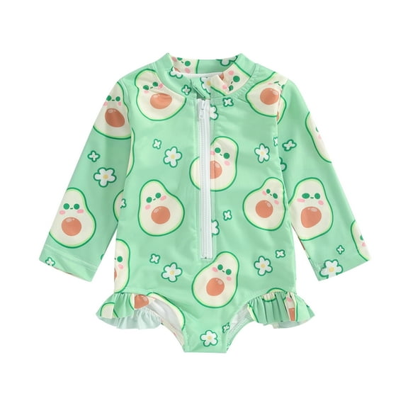 Bagilaanoe Toddler Baby Girl One-Piece Swimsuit Print Long Sleeve Zipper Rashguard Swimwear 6M 12M 18M 24M 3T 4T Kids Ruffle Bathing Suit