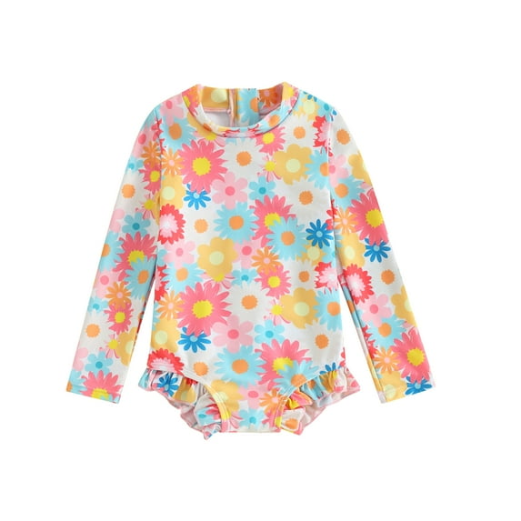 Bagilaanoe Toddler Baby Girl One-Piece Swimsuit Print Long Sleeve Zipper Rashguard Swimwear 6M 12M 18M 24m 3t Kids Ruffle Bathing Suit