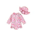 thumbnail image 1 of Bagilaanoe Toddler Baby Girl One-Piece Swimsuit Print Long Sleeve Zipper Rashguard Swimwear + Swimming Cap 3M 6M 12M 18M 24M 3T Kids Ruffle Bathing Suit, 1 of 7