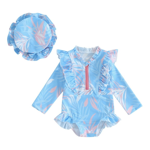Bagilaanoe Toddler Baby Girl One-Piece Swimsuit Print Long Sleeve Zipper Rashguard Swimwear + Swimming Cap 6M 9M 12M 18M 24M 3T Kids Ruffle Bathing Suit