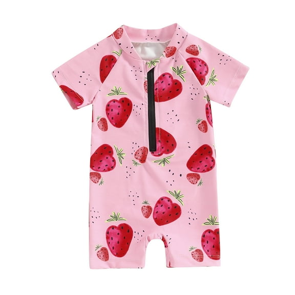 Bagilaanoe Toddler Baby Girl One-Piece Swimsuit Strawberry Print Short Sleeve Zipper Rashguard Swimwear 6M 9M 12M 18M 24M 3T Kids Jumpsuit Bathing Suit