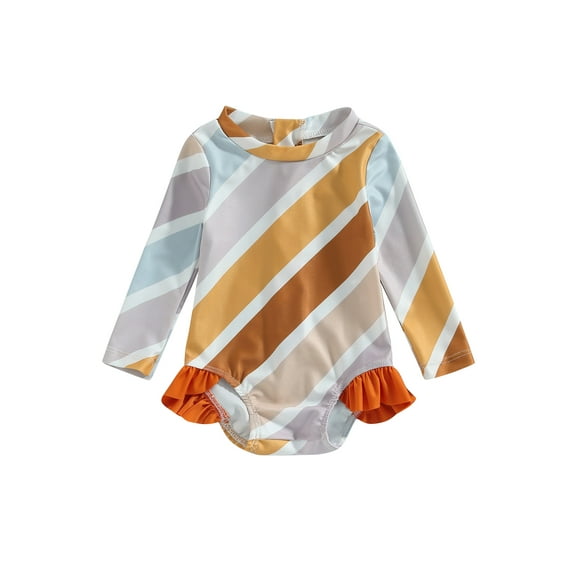 Bagilaanoe Toddler Baby Girl One-Piece Swimsuit Striped Long Sleeve Zipper Rashguard Swimwear 9M 18M 24M 3T 4T 5T Kids Ruffle Bathing Suit
