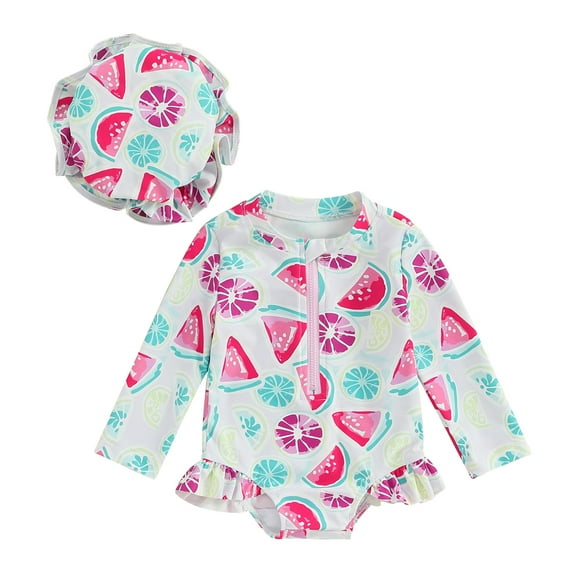 Bagilaanoe Toddler Baby Girl One-Piece Swimsuit Watermelon Print Long Sleeve Zipper Rashguard Swimwear + Swimming Cap 6M 9M 12M 18M 24M 3T Kids Ruffle Bathing Suit