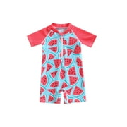Bagilaanoe Toddler Baby Girl One-Piece Swimsuit Watermelon Print Short Sleeve Zipper Rashguard Swimwear 12M 24M 3T 4T 5T 6T Kids Bathing Suit