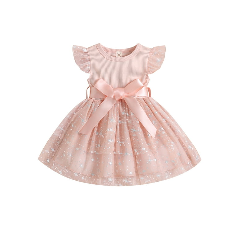 Pink Girls Stars Ruffles Frill Neck Tulle Princess Dress Pink Girls Stars Ruffles Frill Neck Tulle Princess Dress