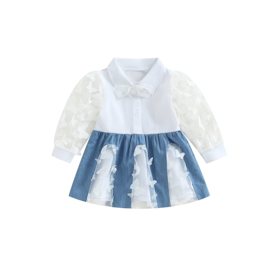 Bagilaanoe Toddler Baby Girl Shirt Dress 6M 12M 2T 3T 4T 5T Kids Butterfly Pattern Long Sleeve Mesh Patchwork A-Line Dress