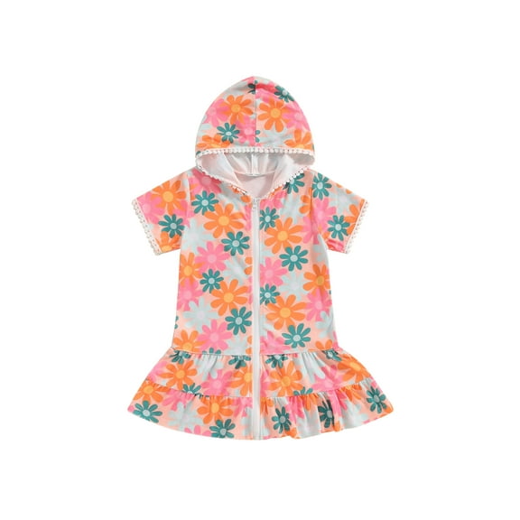 Bagilaanoe Toddler Baby Girl Swim Cover Up Short Sleeve Floral Print Zip Up Beach Cover-up 12M 18M 24M 3T 4T 5T Kids Hooded Dress Summer Beachwear