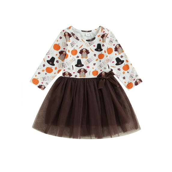 Bagilaanoe Toddler Baby Girl Thanksgiving Dress Pumpkin Turkey Long Sleeve A-line Princess Dresses 6M 12M 18M 24M 3T Kid Fall Patchwork Tulle Skirt