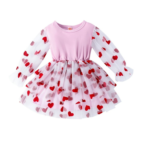Bagilaanoe Toddler Baby Girl Valentine's Day Dress Heart Print Ruffle Long Sleeve A-line Princess Dresses + Headband 6M 12M 18M 24M 3T 4T Kid Patchwork Tulle Skirt