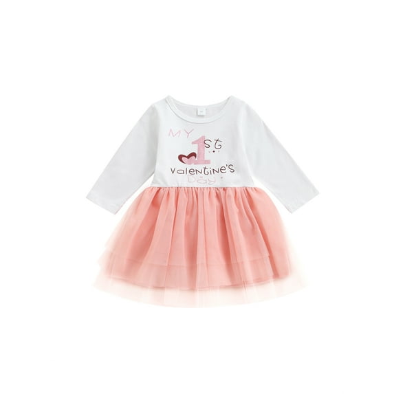 Bagilaanoe Toddler Baby Girl Valentine's Day Dress Letters Print Long Sleeve A-line Princess Dresses 1T 2T 3T 4T 5T 6T Kids Patchwork Tulle Skirt