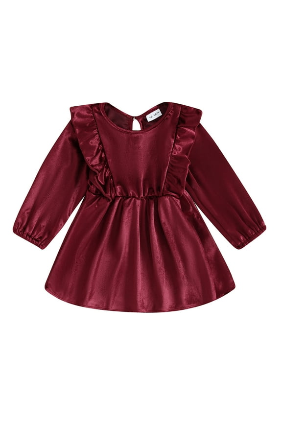 Toddler Baby Girl Velvet Dress Ruffle Long Sleeve A-line Princess Dresses 9M 12M 18M 24M 3T 4T Kids Casual Fall Dress