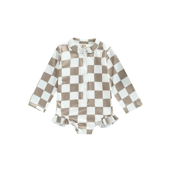 Bagilaanoe Toddler Baby Girls Checkerboard Swimwear Beachwear Ruffles Long Sleeve One Piece Zipper Rash Guard Swimsuit Bathing Suit