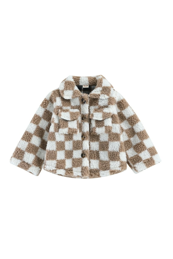 Toddler Baby Girls Fleece Jacket Checkerboard Long Sleeve Single-Breasted Sherpa Coat 6M 12M 18M 24M 3T 4T Kids Winter Warm Outwear