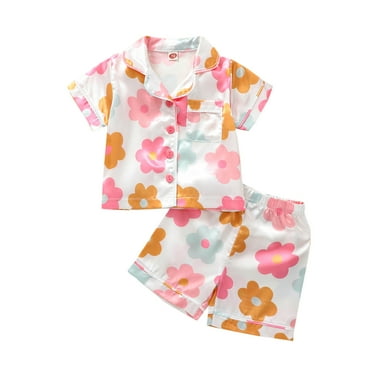 Bagilaanoe Toddler Baby Girls Floral Silk Pajamas Set Short Sleeve Button-Up Top Shorts 1T 2T 3T 4T 5T 6T Kids Summer 2PC Satin Sleepwear