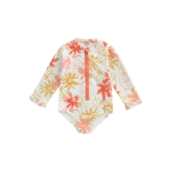 Bagilaanoe Toddler Baby Girls Long Sleeve One-Piece Swimsuit 1-5 Years Flower Print Zipper Rash Guard Bathing Suit
