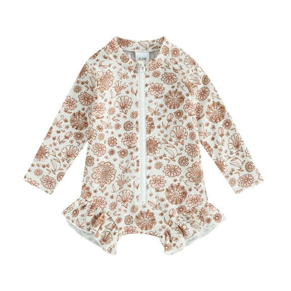 Bagilaanoe Toddler Baby Girls One-Piece Swimsuit Floral Long Sleeve Zipper Rashguard Swimwear 6M 9M 12M 18M 3T Kids Ruffles Bathing Suit