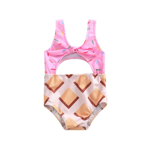 Bagilaanoe Toddler Baby Girls One-piece Swimsuits 1 2 3 4 5 6 Years Kids Biscuit/Cake Print Sleeveless V-neck Cutout Bathing Suit Swimwear