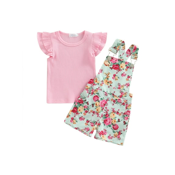 Bagilaanoe Toddler Baby Girls Overalls Set Ribbed Ruffle Fly Sleeve Tops + Floral/Leopard Print Jumpsuit 6M 12M 18M 24M 3T 4TTwo-Piece Set