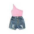 thumbnail image 1 of Bagilaanoe Toddler Baby Girls Summer 2Pcs Outfit Pink Sleeveless One Shoulder Tops + Ripped Denim Shorts 1T 2T 3T 4T 5T 6T Casual Set for Kids, 1 of 7