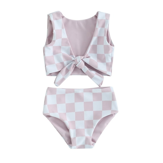 Bagilaanoe Toddler Baby Girls Swimsuits 2 Piece Bikinis Set Plaid Sleeveless Tops + Briefs 6M 12M 18M 24M 3T 4T Kids Swimwear Bathing Suit Beachwear