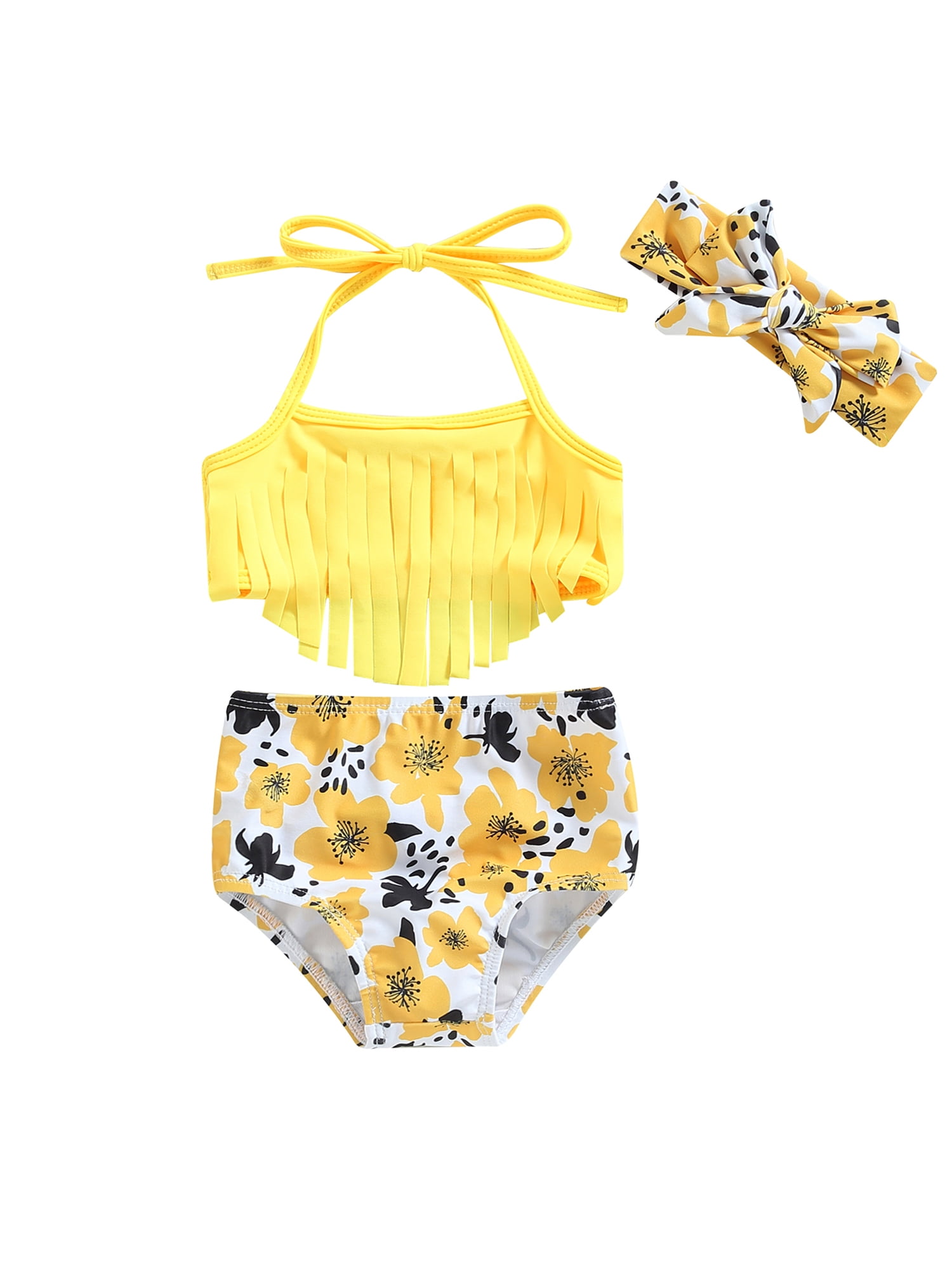 Bagilaanoe Toddler Baby Girls Swimsuits 3 Piece Bikinis Set Print Tassel Tops Shorts Headband 6M 12M 2T 3T Kids Swimwear Bathing Suit Beachwear