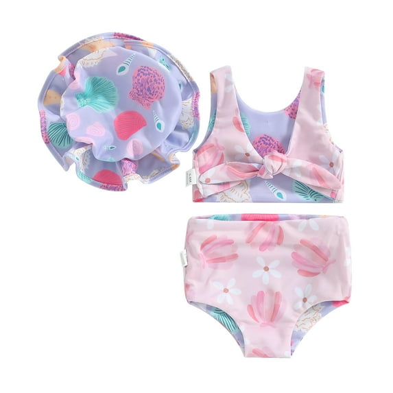 Bagilaanoe Toddler Baby Girls Swimsuits 3 Piece Bikinis Set Print Vest Tops + Shorts + Sun Hat 6M 12M 18M 24M 3T Kids Swimwear Bathing Suit Beachwear
