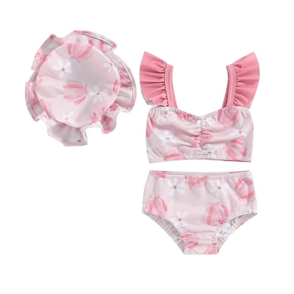 Bagilaanoe Toddler Baby Girls Swimsuits 3 Piece Tankini Set Floral Print Fly Sleeve Tops Shorts Swim Cap 6M 12M 18M 24M 3T Kids Swimwear Bathing Suit Beachwear