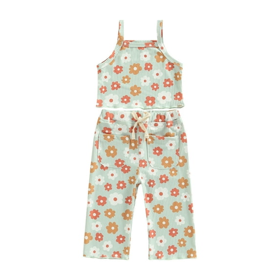 Bagilaanoe Toddler Little Girl Ribbed Floral Clothes Crop Top Sleeveless T-Shirt Tops Long Pants 1T 2T 3T 4T 5T 6T Cute Summer Clothing Sets