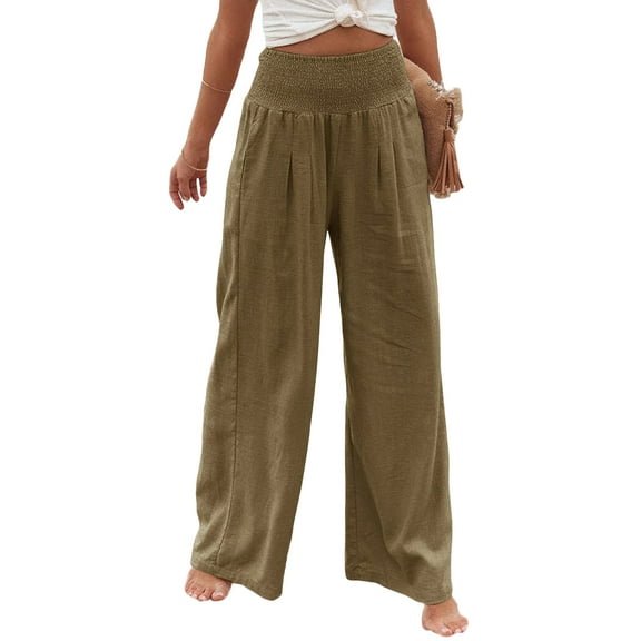Bagilaanoe Women Cotton Linen Pants Elastic High Waist Wide Leg Palazzo Lounge Smocked Casual Trousers with Pockets