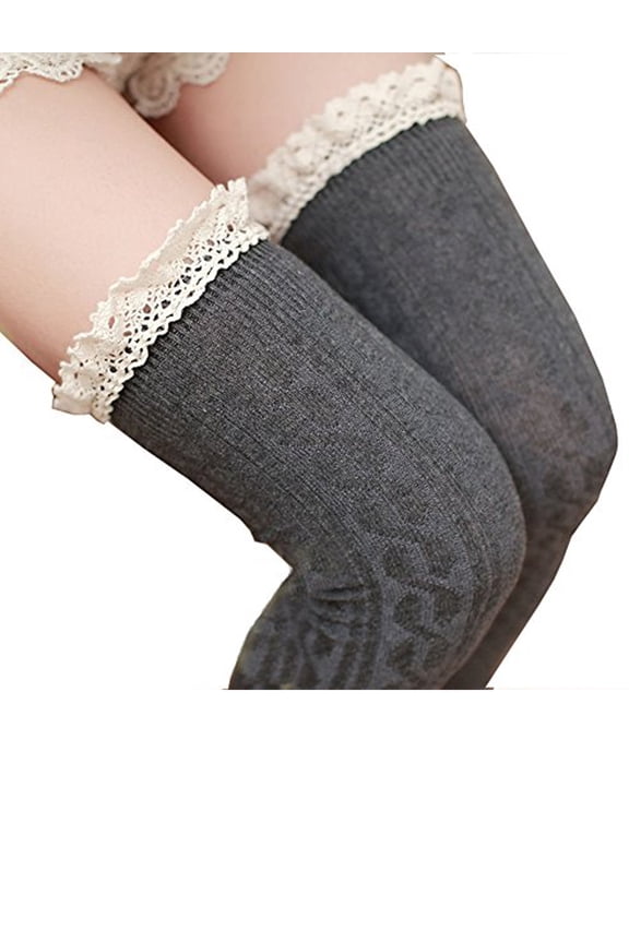 Women Lace Sock Stripe Over Knee Thick Thigh Highs Knit Hosiery Leg Warmer Sock