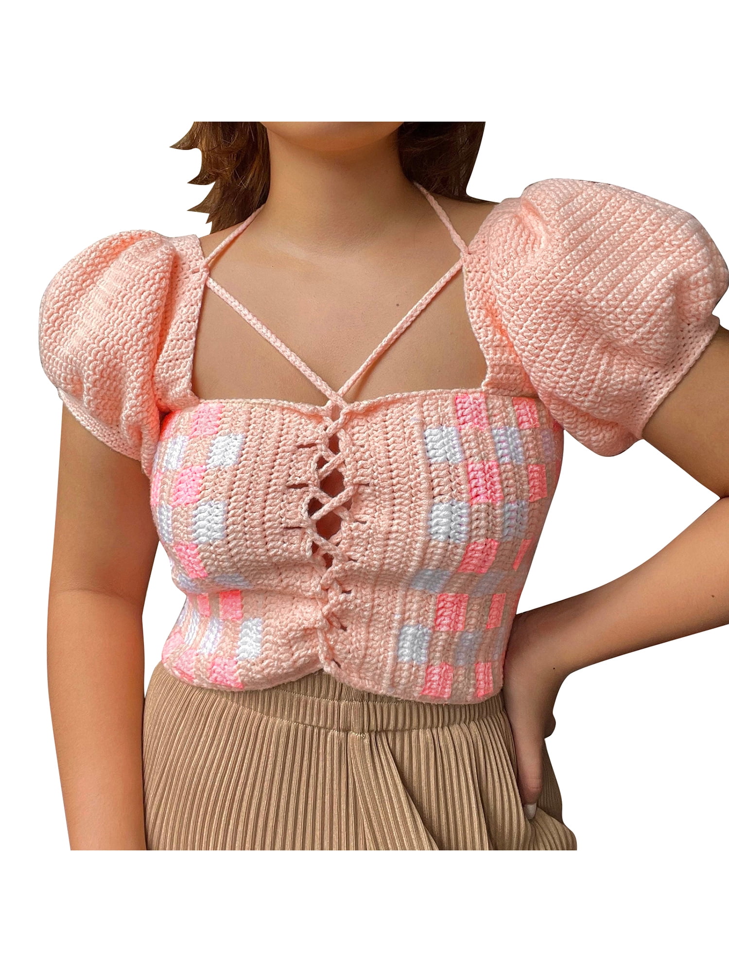 Bagilaanoe Women Puff Sleeve Crochet Knit Crop Tops Square Neck