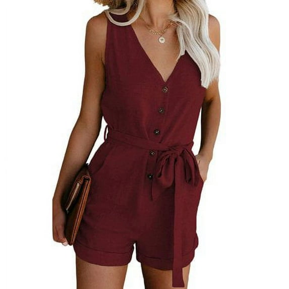Women Solid Color Rompers Deep V-Neck Sleeveless Summer Short Jumpsuits