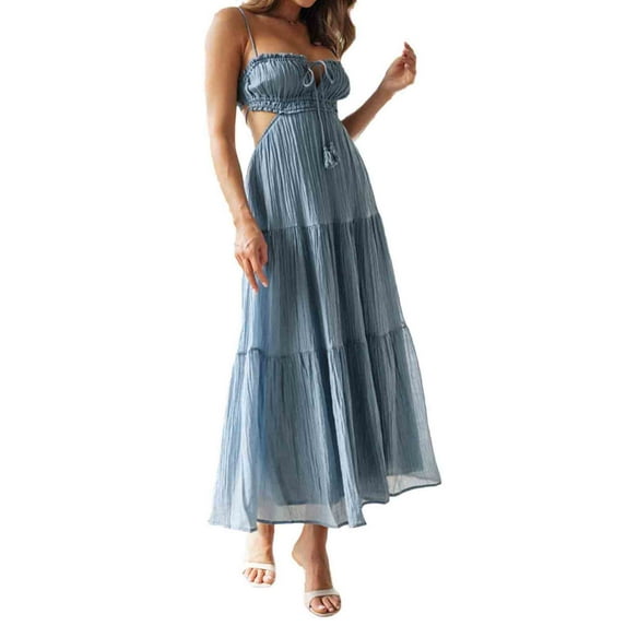 Bagilaanoe Women Summer Boho Cutout Long Dress Sleeveless Tiered Ruffle Ruched Cami Dress Flowy Tie Back Beach Sundress Clubwear