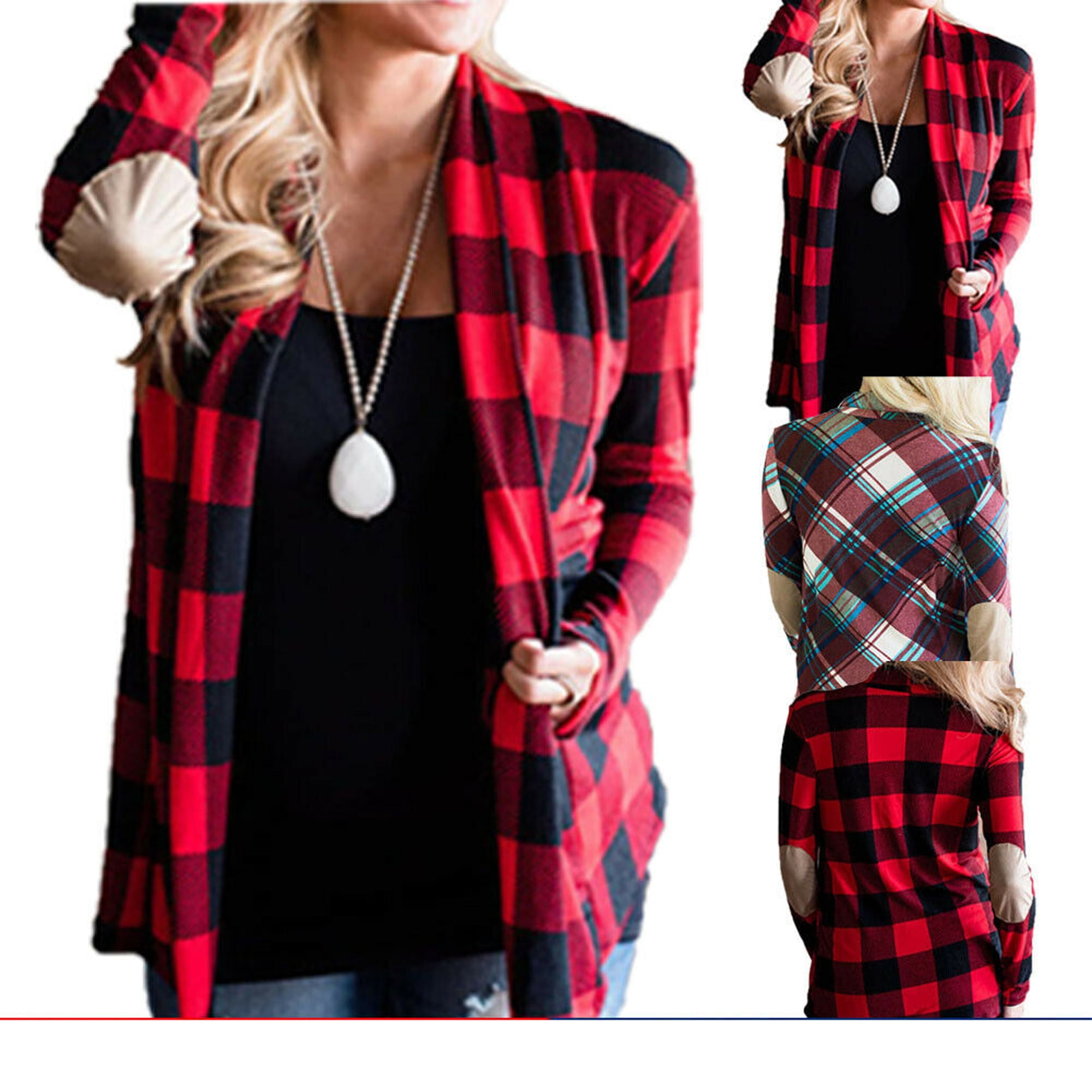 Bagilaanoe Women's Buffalo Plaid Cardigans Long Sleeve Elbow Patch