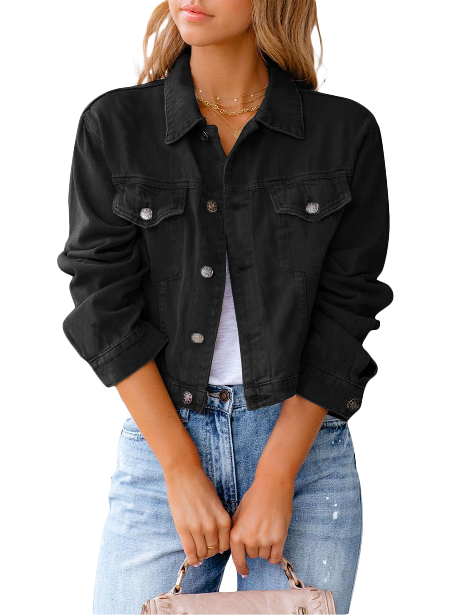 Bagilaanoe Women's Loose Denim Jacket Long Sleeve Button Down Jean ...