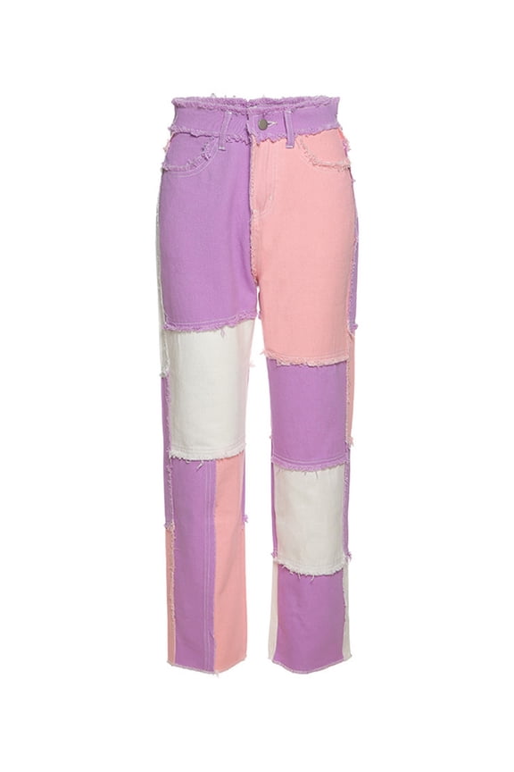 Women's Patchwork Color Block Jeans High Waist Ripped Straight Denim Trousers Long Pants Streetwear