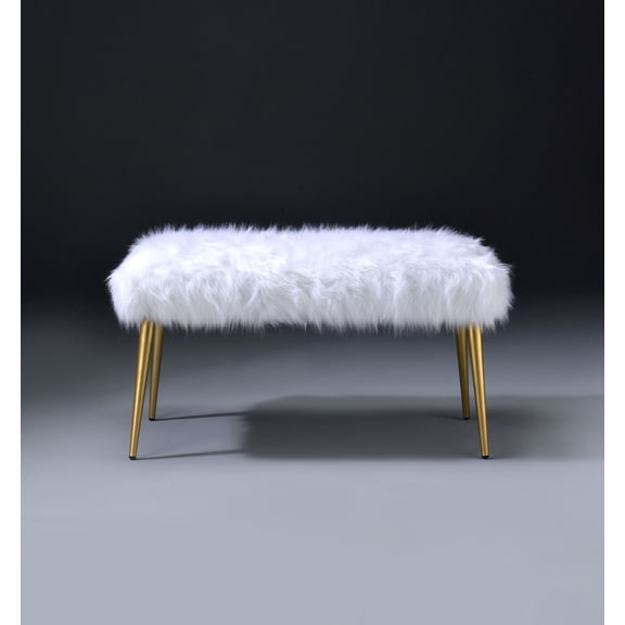 Bagley II Faux Fur Bench with Gold Metal Base, White, 38"W