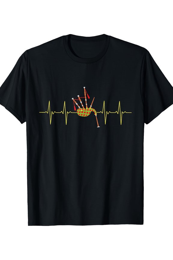 Bagpipe Heartbeat Pattern-Shirt- Heavy Cotton-Shirt with Heartbeat Line Design- Scottish Bagpipe Players and Music Lovers- Black Shirt with Red Bagpipes- Regular Fit Adult Casual Wear,