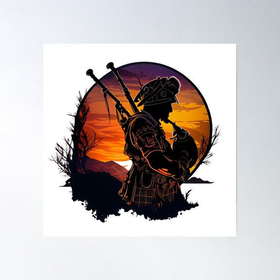 Bagpipe Player In Sunset Dark Poster Wall Art, Modern Wall Decor, 24x24 UNFRAMED