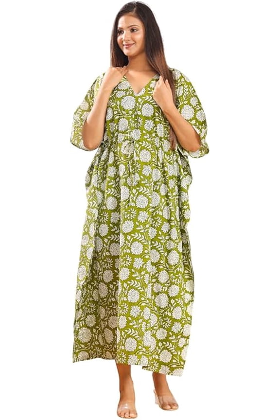 Bagru Handmade Short Kaftan, Cotton Women Dress Long Kaftan, Beach Cover Up, Flower Hand Block Print Sleepwear Maxi Dress Kimono Multicolor