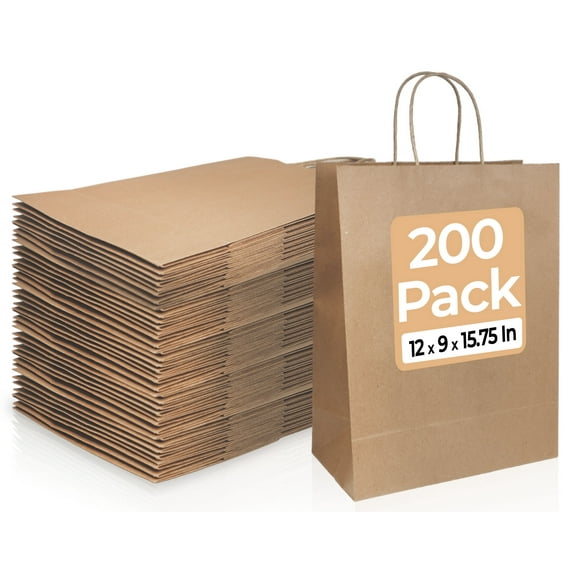 Bagtron 200 Kraft Paper Bags 12"x9"x15.75" with Twisted Handles for Take-Out, To-Go, Retail Business, Restaurant, Shopping, Craft Gift Bag, 120 GSM, Brown