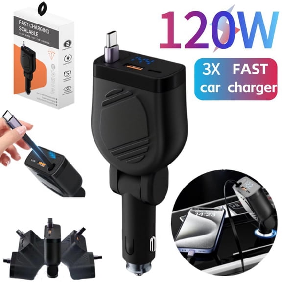 Baguer 120W Car Charger for Multiple Devices With Retractable Cable, 4 In 1 Fast Charging, for Qc3.0 and Five Usb Ports