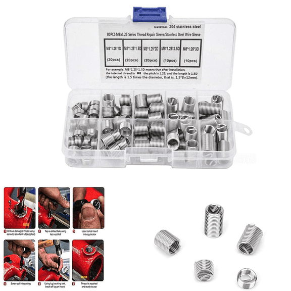 Baguer 80Pcs M8*1.25 Wire Thread Repair Inserts Kit Set Threaded Bushing Recovery