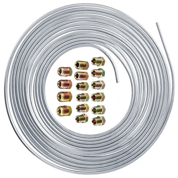 Baguer Sturdy 25Ft Roll Tube Coil Copper Coated Steel Brake Line Kit Brake Pipe Hose Piping Tube Nuts Hose Line Piping