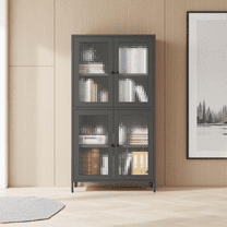 Baguery 4-Door Metal Display Cabinet - Glass Front Bookcase w/ Adjustable Shelves for Living Room, Office, Kitchen (Black)