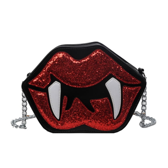 Baguery Big Lip Devil Fangs Crossbody Bag - PU Leather Halloween Demon Novelty Chain Clutch Purse (9.05×2.36×6.3in)​