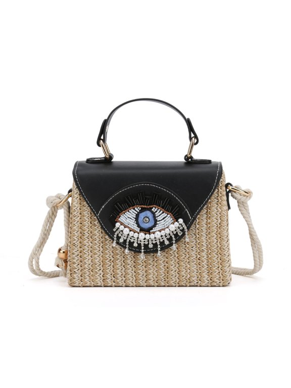 Bohemian Straw Crossbody Bag - Handmade Evil Eye Crystal Decor Box Tote Clutch with Fringe