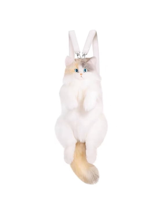 Cat Shaped Plush Backpack - Handcrafted Light Calico, Adjustable Shoulder/Crossbody/Handbag Straps, Faux Fur