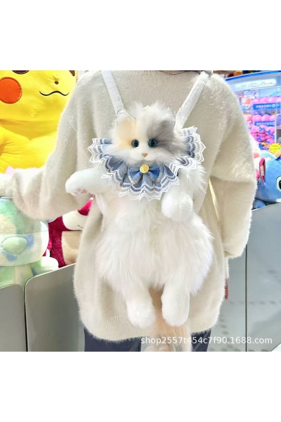 Cat Shaped Plush Backpack - Handcrafted Light Calico, Adjustable Shoulder/Crossbody/Handbag Straps, Faux Fur​